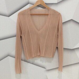 Ribbed Sheer V-Neck Long Sleeve Crop Top *BEIGE*
